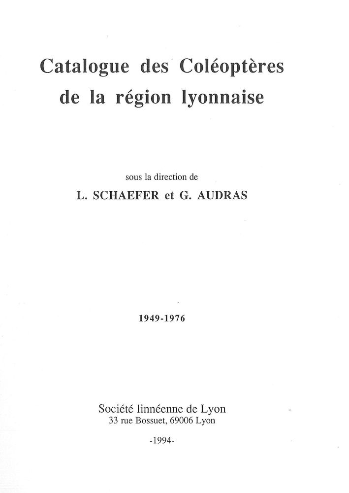 Couverture — Catalogue des Coléoptères de la région Lyonnaise (1949-1976)