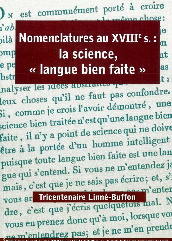 Couverture — Nomenclatures au XVIIIᵉ siècle : la science, « langue bien faite » — Tricentenaire Linné-Buffon